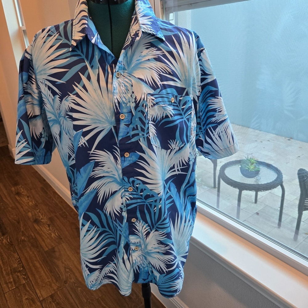 Scales Button Up Shirt Men Large Blue Tropical Vented Lightweight Fishing